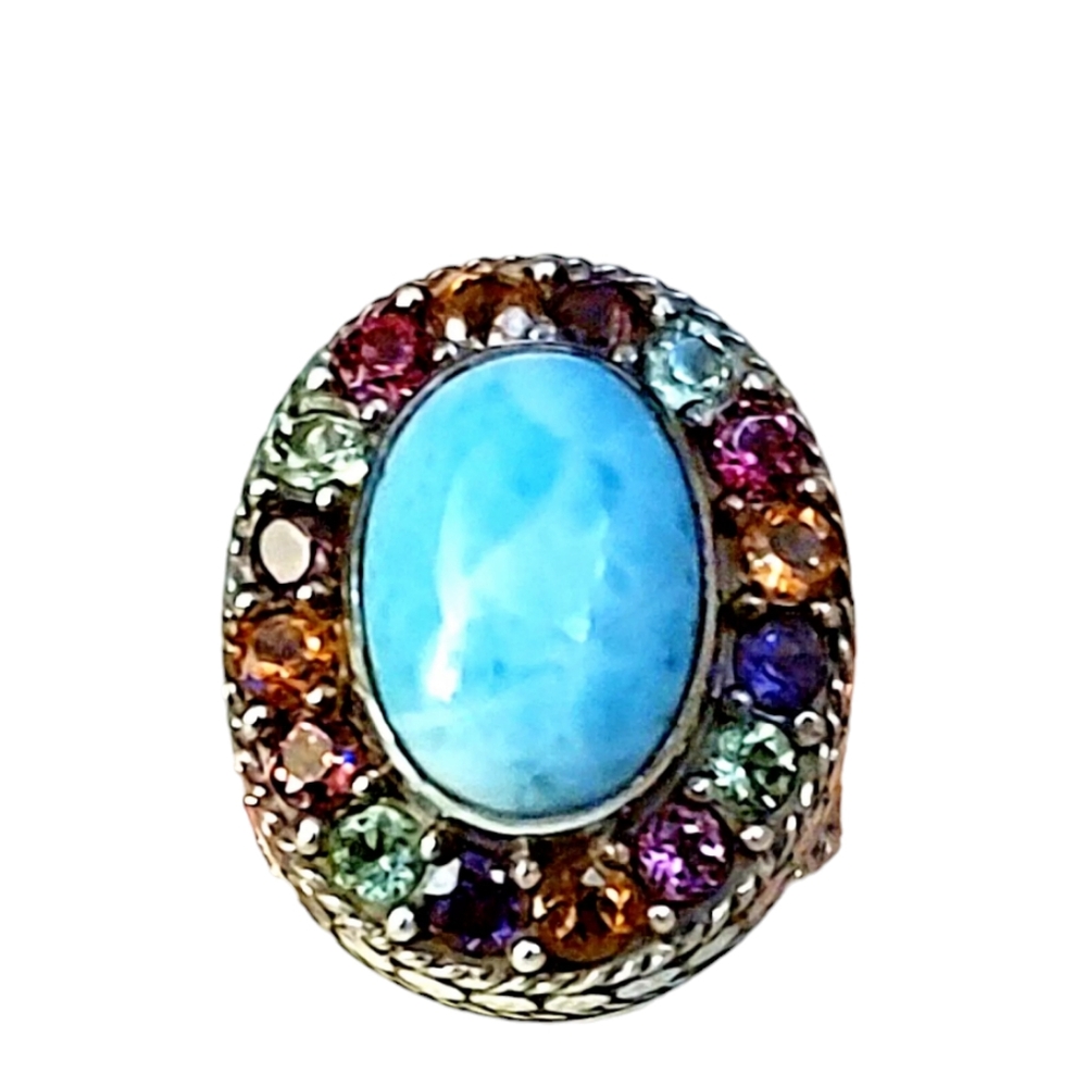 Artisan Crafted Natural Larimar & Multicolor Tourmaline 💍 Sterling Silver Sz 7. - Picture 5 of 12